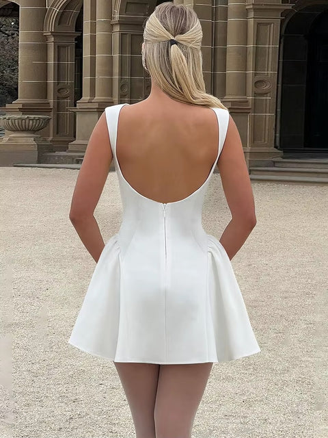 New Elegant Boat Neck Sleeveless High Waist A-line Backless Pleated Short Dress CODE: KAR3676