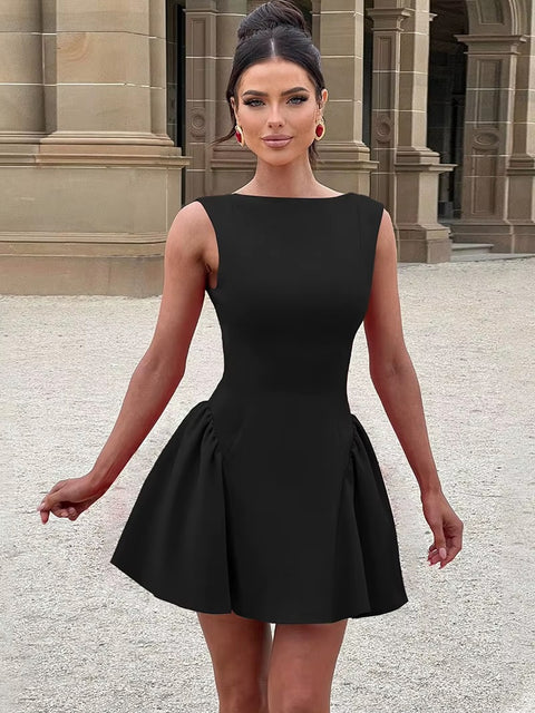 New Elegant Boat Neck Sleeveless High Waist A-line Backless Pleated Short Dress CODE: KAR3676