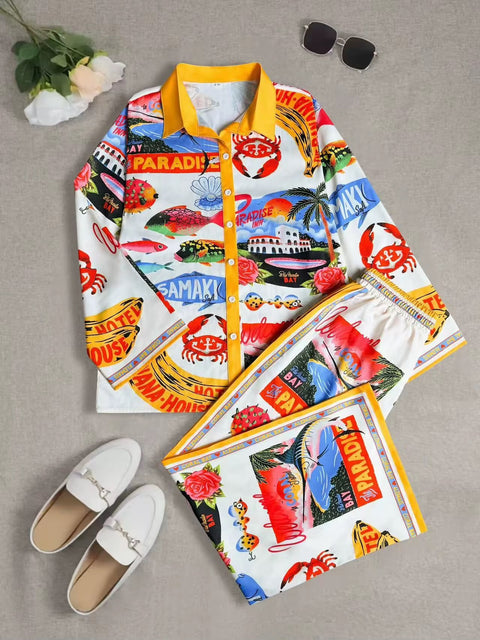 New Vacation Style Cruise Print Seaside Tropical Print Lapel Shirt + Wide-Leg Pant Two-Piece Set CODE: KAR3680