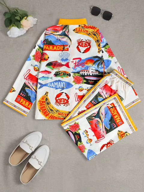 New Vacation Style Cruise Print Seaside Tropical Print Lapel Shirt + Wide-Leg Pant Two-Piece Set CODE: KAR3680
