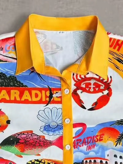 Print Lapel Shirt + Wide-Leg Pant Two-Piece Set CODE: READY1460