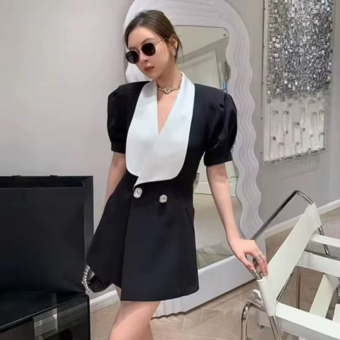 New Single Buckle Elegant Lapel Short Sleeved Patchwork Slim High Waist Mini Dress CODE: KAR3684