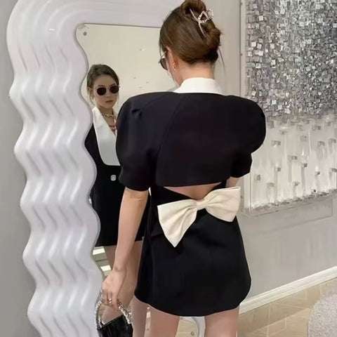 New Single Buckle Elegant Lapel Short Sleeved Patchwork Slim High Waist Mini Dress CODE: KAR3684