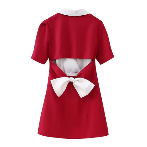 New Single Buckle Elegant Lapel Short Sleeved Patchwork Slim High Waist Mini Dress CODE: KAR3684