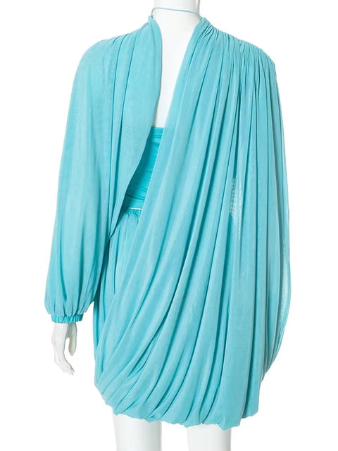 Sexy Elegant Strapless Shawl Vest Crop Top + Irregular Pleats Skirt 2 Piece Set CODE: KAR3687