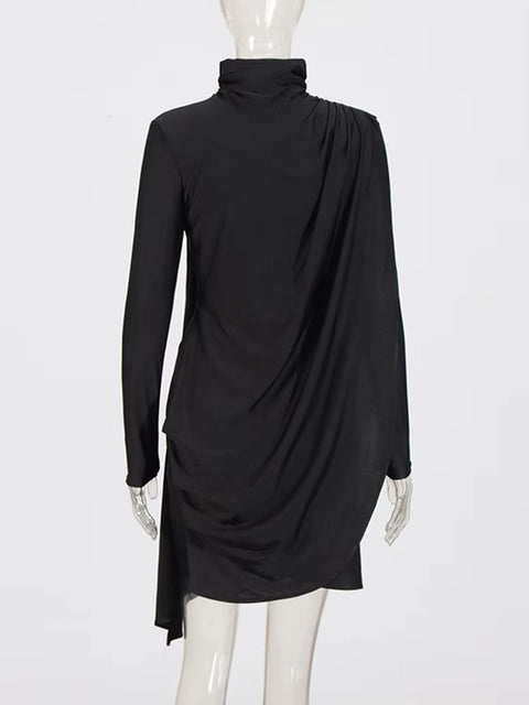 New Solid Patchwork Ruffles Stand Collar Long Sleeve Asymmetrical Slimming Fashion Mini Dress CODE: KAR3689