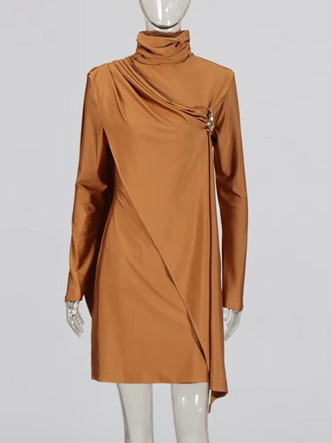 New Solid Patchwork Ruffles Stand Collar Long Sleeve Asymmetrical Slimming Fashion Mini Dress CODE: KAR3689