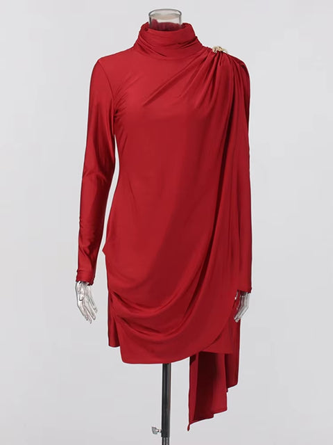 New Solid Patchwork Ruffles Stand Collar Long Sleeve Asymmetrical Slimming Fashion Mini Dress CODE: KAR3689