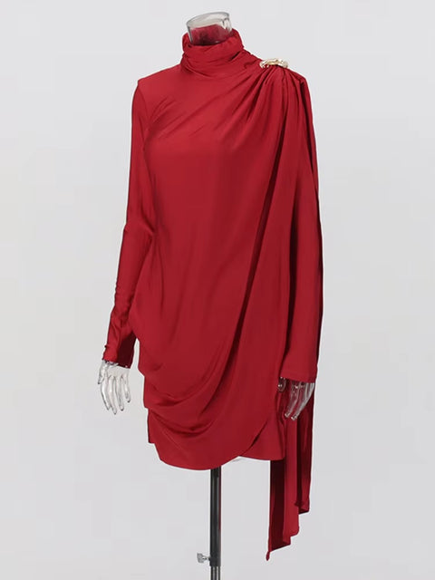 New Solid Patchwork Ruffles Stand Collar Long Sleeve Asymmetrical Slimming Fashion Mini Dress CODE: KAR3689