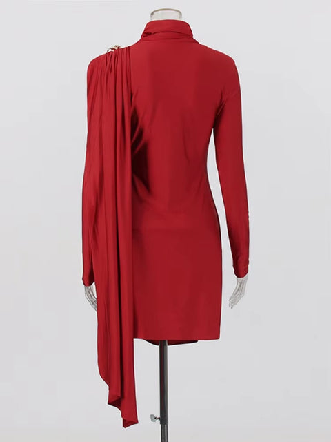 New Solid Patchwork Ruffles Stand Collar Long Sleeve Asymmetrical Slimming Fashion Mini Dress CODE: KAR3689