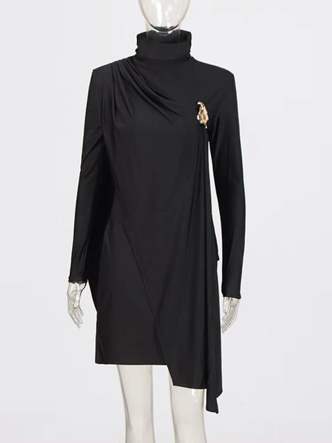 New Solid Patchwork Ruffles Stand Collar Long Sleeve Asymmetrical Slimming Fashion Mini Dress CODE: KAR3689