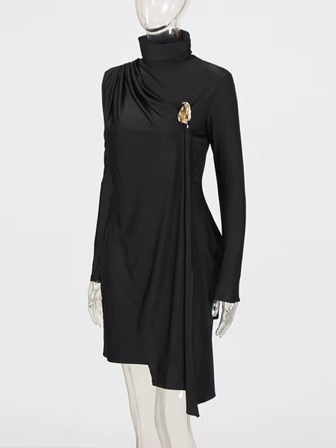New Solid Patchwork Ruffles Stand Collar Long Sleeve Asymmetrical Slimming Fashion Mini Dress CODE: KAR3689
