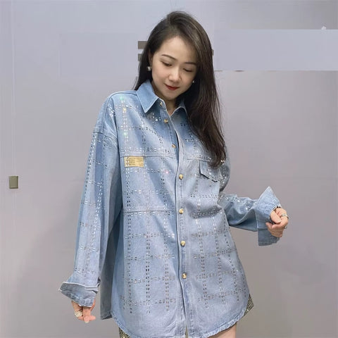 New Autumn Full Sleeve Diamonds Plaid Loose Mid-Length Shirt CODE: KAR3711