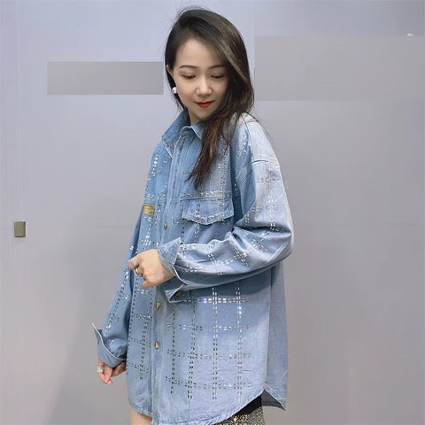 New Autumn Full Sleeve Diamonds Plaid Loose Mid-Length Shirt CODE: KAR3711