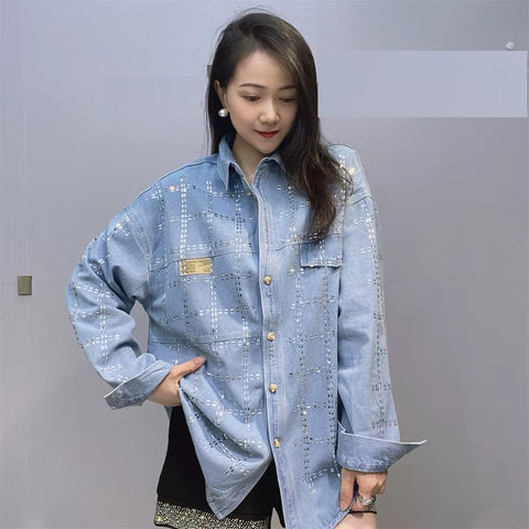 New Autumn Full Sleeve Diamonds Plaid Loose Mid-Length Shirt CODE: KAR3711