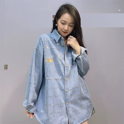 New Autumn Full Sleeve Diamonds Plaid Loose Mid-Length Shirt CODE: KAR3711