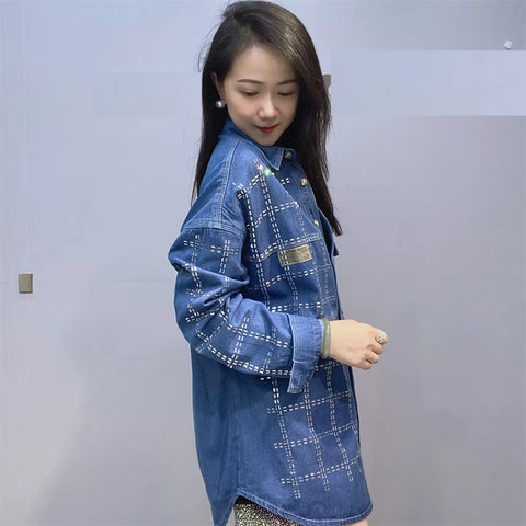 New Autumn Full Sleeve Diamonds Plaid Loose Mid-Length Shirt CODE: KAR3711