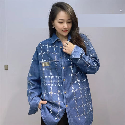New Autumn Full Sleeve Diamonds Plaid Loose Mid-Length Shirt CODE: KAR3711