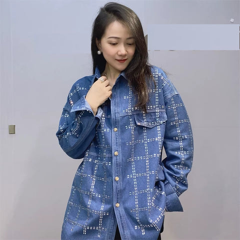 New Autumn Full Sleeve Diamonds Plaid Loose Mid-Length Shirt CODE: KAR3711