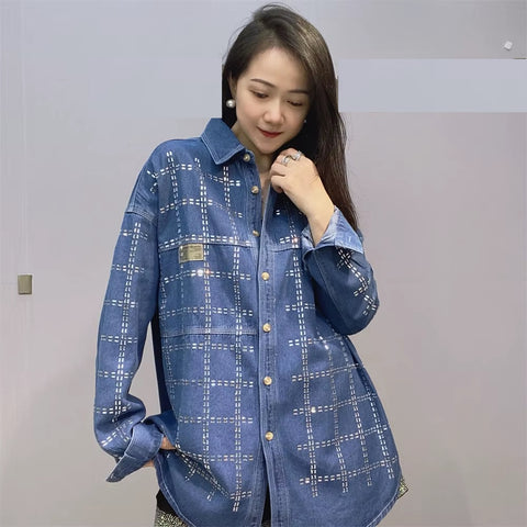 New Autumn Full Sleeve Diamonds Plaid Loose Mid-Length Shirt CODE: KAR3711