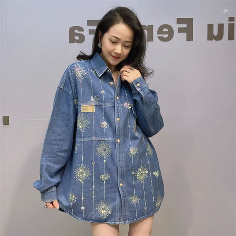 New Spring Autumn Bling bling Shiny Diamonds Hot Drilling Long Sleeve Loose Shirts CODE: KAR3712