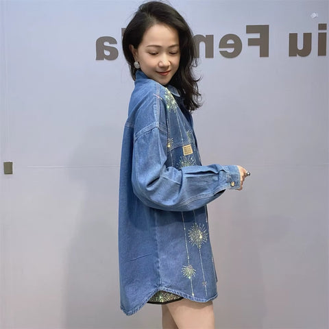 New Spring Autumn Bling bling Shiny Diamonds Hot Drilling Long Sleeve Loose Shirts CODE: KAR3712