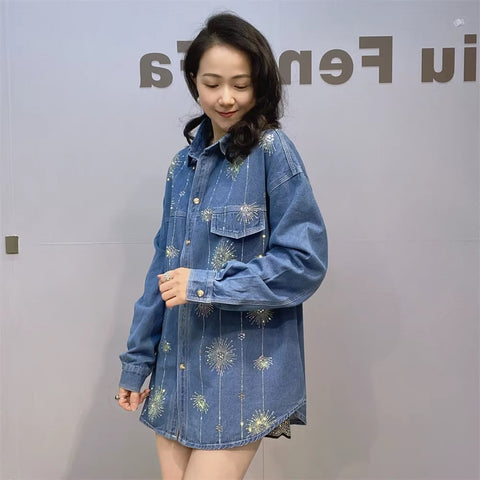 New Spring Autumn Bling bling Shiny Diamonds Hot Drilling Long Sleeve Loose Shirts CODE: KAR3712