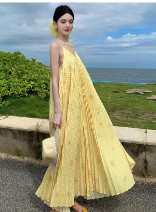 New Print V Neck Elegant Backless Pleated Slip Vacation Loose  Long Dress CODE: KAR3773