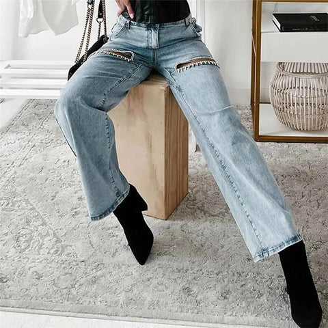 New High Waist Straight Leg Nail Drill Hole Long Pant CODE: KAR3827