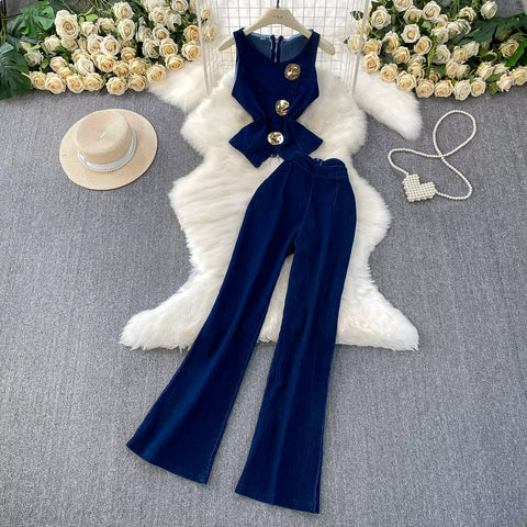 New round neck sleeveless denim vest+ high waisted Jeans wide leg pants set CODE: KAR4086