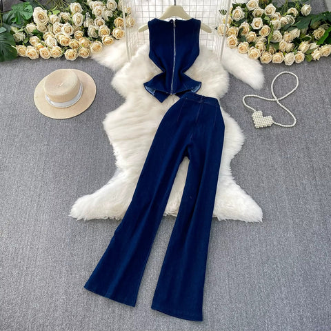 New round neck sleeveless denim vest+ high waisted Jeans wide leg pants set CODE: KAR4086