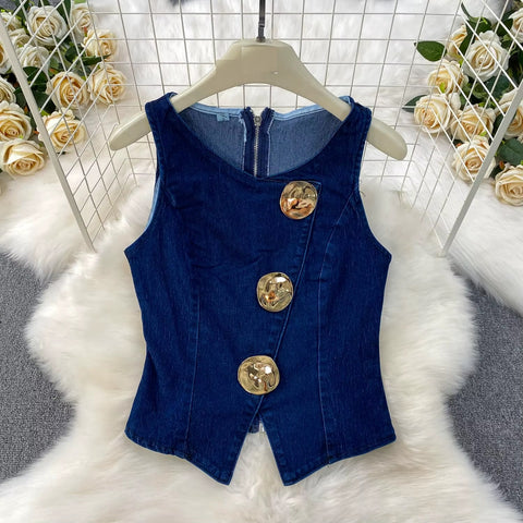New round neck sleeveless denim vest+ high waisted Jeans wide leg pants set CODE: KAR4086