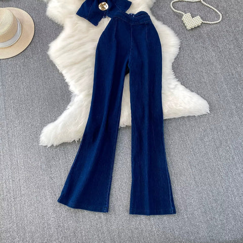 New round neck sleeveless denim vest+ high waisted Jeans wide leg pants set CODE: KAR4086