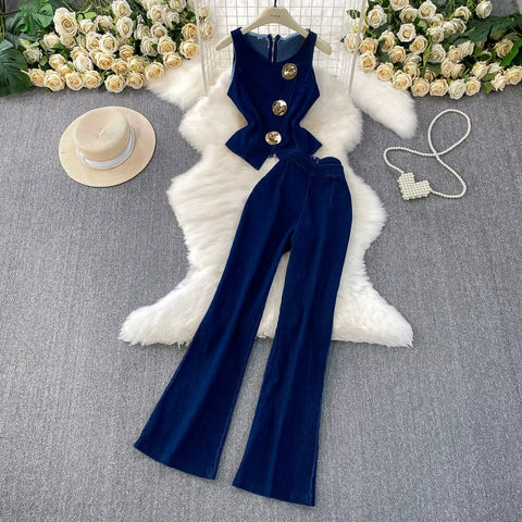 New round neck sleeveless denim vest+ high waisted Jeans wide leg pants set CODE: KAR4086