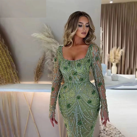 New Fashion Square collar Crystal Beads Sleeves Mermaid Gown Long Dress CODE: KAR4124