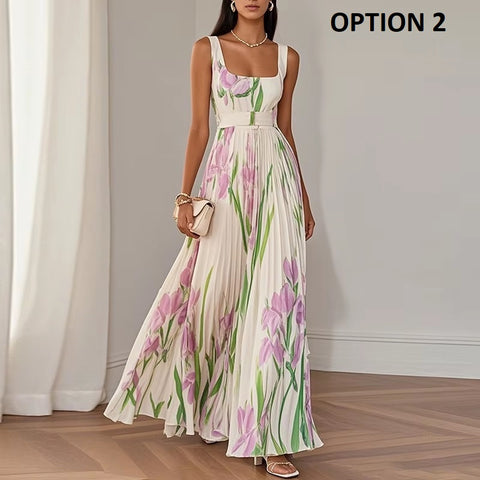 New Fashion Square Collar Floral Print Fold Long Dress CODE: KAR4262