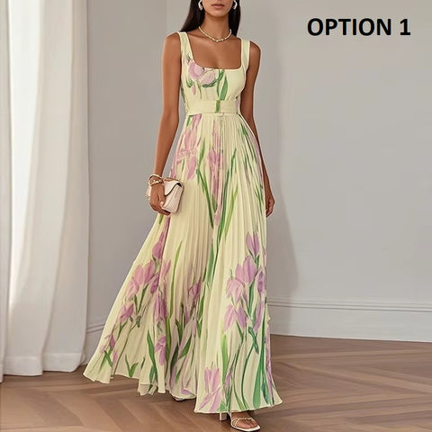 New Fashion Square Collar Floral Print Fold Long Dress CODE: KAR4262