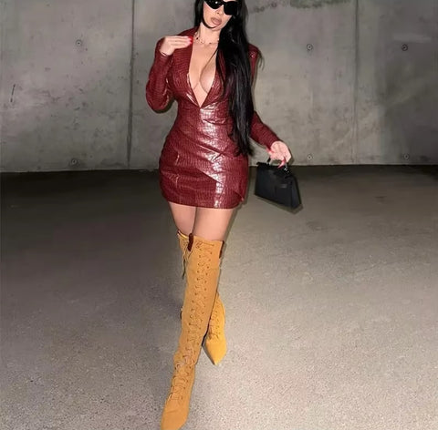 New Fashion Sexy Deep V Neck Long Sleeve Leather Mini Dress CODE : KAR4265