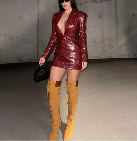 New Fashion Sexy Deep V Neck Long Sleeve Leather Mini Dress CODE : KAR4265