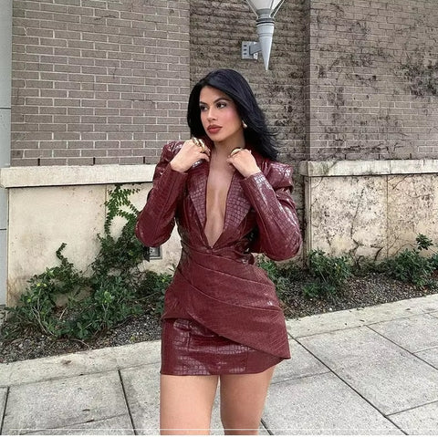 New Fashion Sexy Deep V Neck Long Sleeve Leather Mini Dress CODE : KAR4265