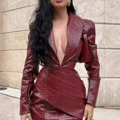 New Fashion Sexy Deep V Neck Long Sleeve Leather Mini Dress CODE : KAR4265