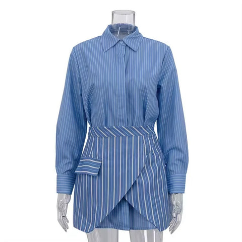 New Faionable Striped Mid-Length shirt And Skirt Set CODE: KAR4269