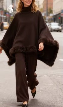 New Fashion High Neck Faux Wool Trimmed Woolen Cape Shawl CODE: KAR4278