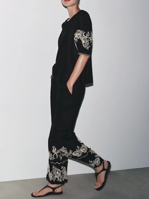 New Fashion Cross-Border Retro Embroidery Bubble Sleeve Top and Pent Set CODE: KAR4384