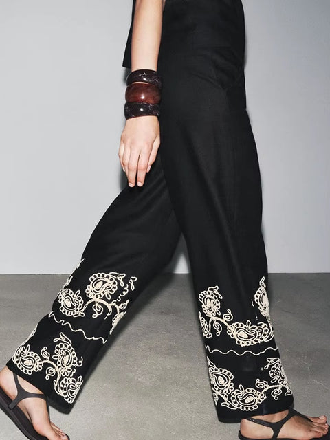 New Fashion Cross-Border Retro Embroidery Bubble Sleeve Top and Pent Set CODE: KAR4384