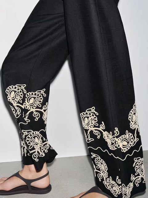New Fashion Cross-Border Retro Embroidery Bubble Sleeve Top and Pent Set CODE: KAR4384