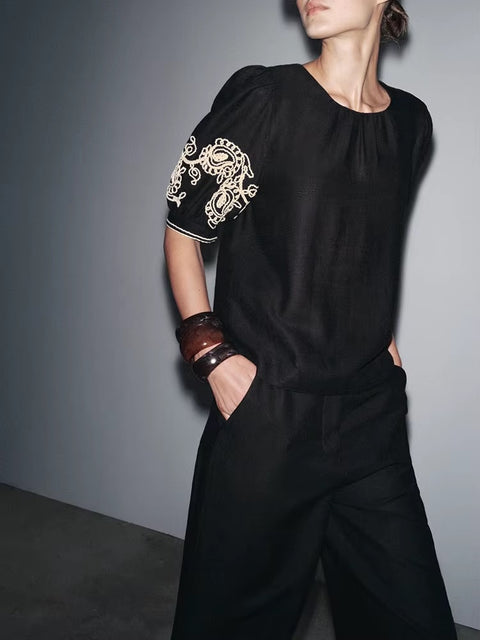 New Fashion Cross-Border Retro Embroidery Bubble Sleeve Top and Pent Set CODE: KAR4384