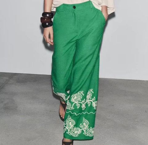 New Fashion Cross-Border Retro Embroidery Bubble Sleeve Top and Pent Set CODE: KAR4384