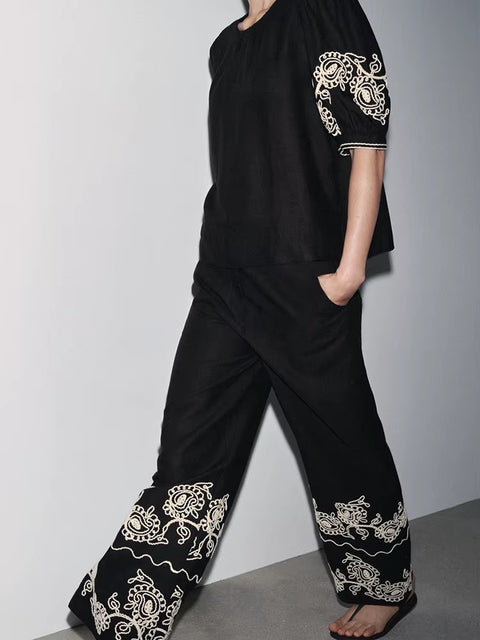 New Fashion Cross-Border Retro Embroidery Bubble Sleeve Top and Pent Set CODE: KAR4384