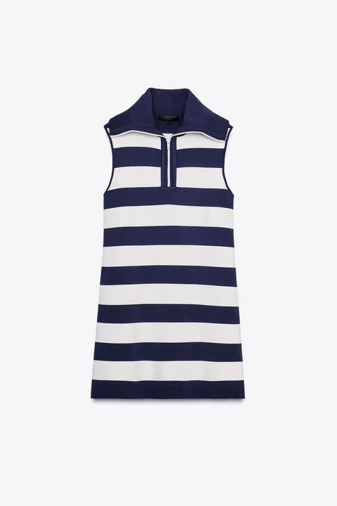 New Fashion Retro Lapel Half Zipper Sleeveless Short Dress CODE: KAR4418